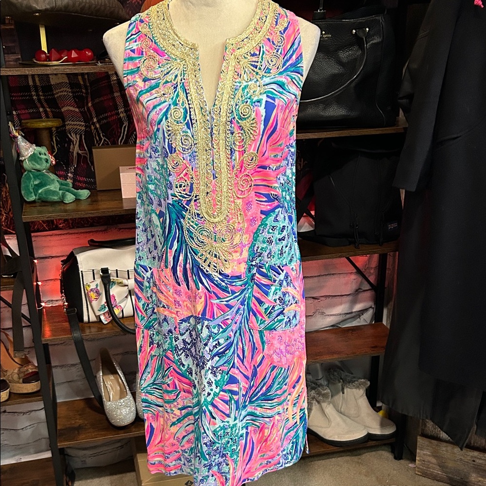 Lilly Pulitzer Pink and Blue Midi Dress with beautiful gold details!